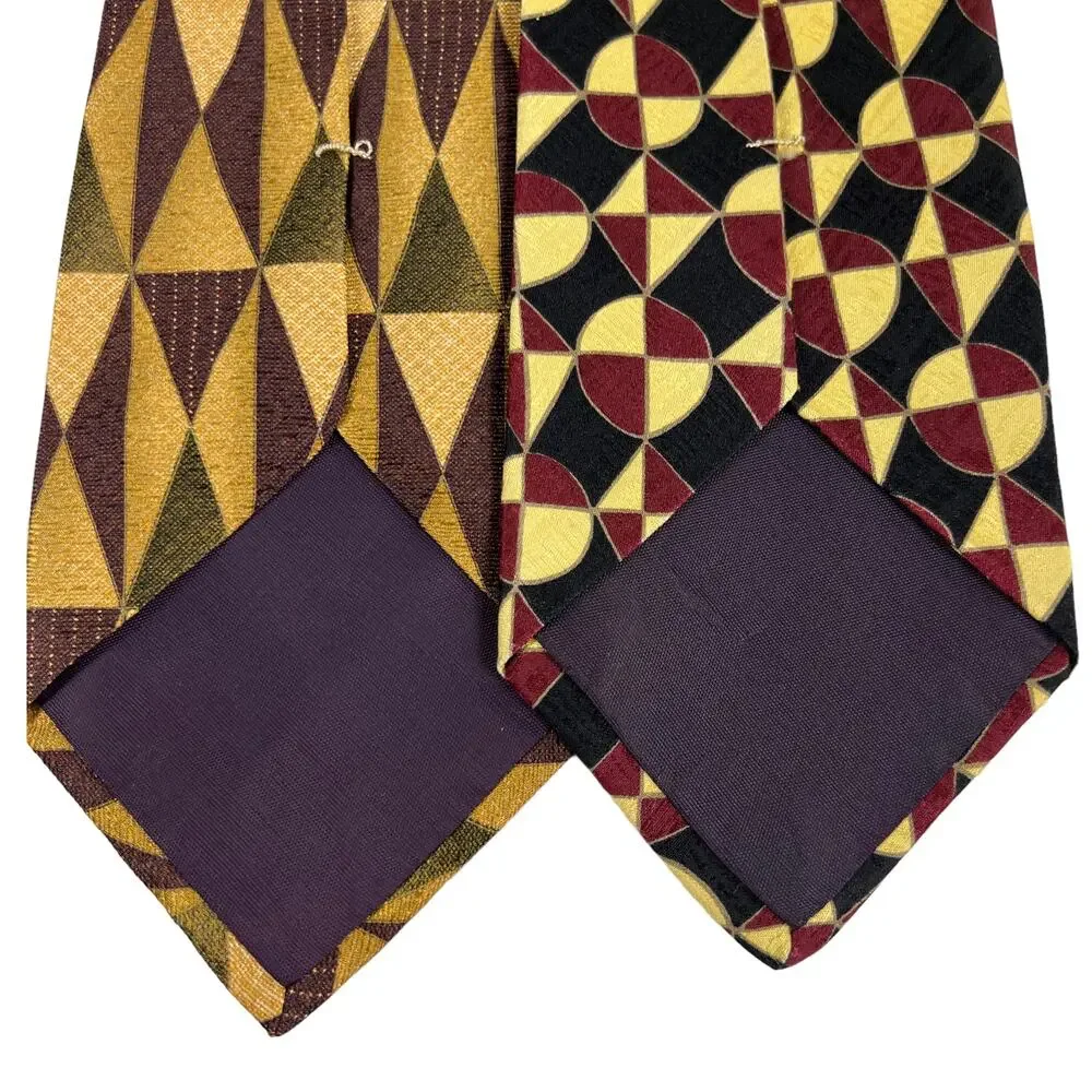 Tom James Bundle 2 Geometric Silk Neckties 60" Gold Cream Olive Purple Burgundy - Picture 5 of 10